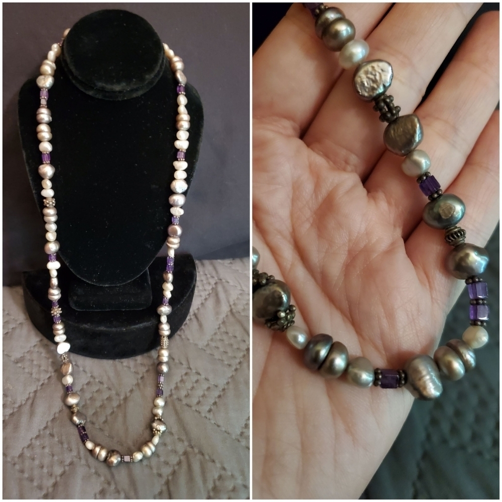 Vintage Fresh Water Pearl/Silver/Amethyst Necklace